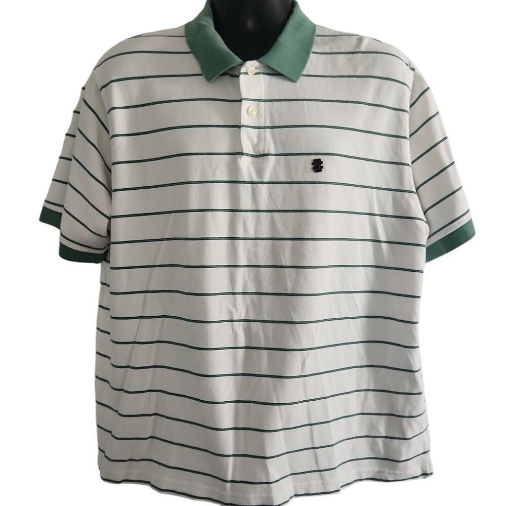Izod Men's Size XL White Green Stripe Cotton Polo Shirt